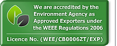 We are accredited by the Environment Agency as Approved Exporters under the WEEE Regulations 2006 Licence No.(WEE/CB0006ZT/EXP)